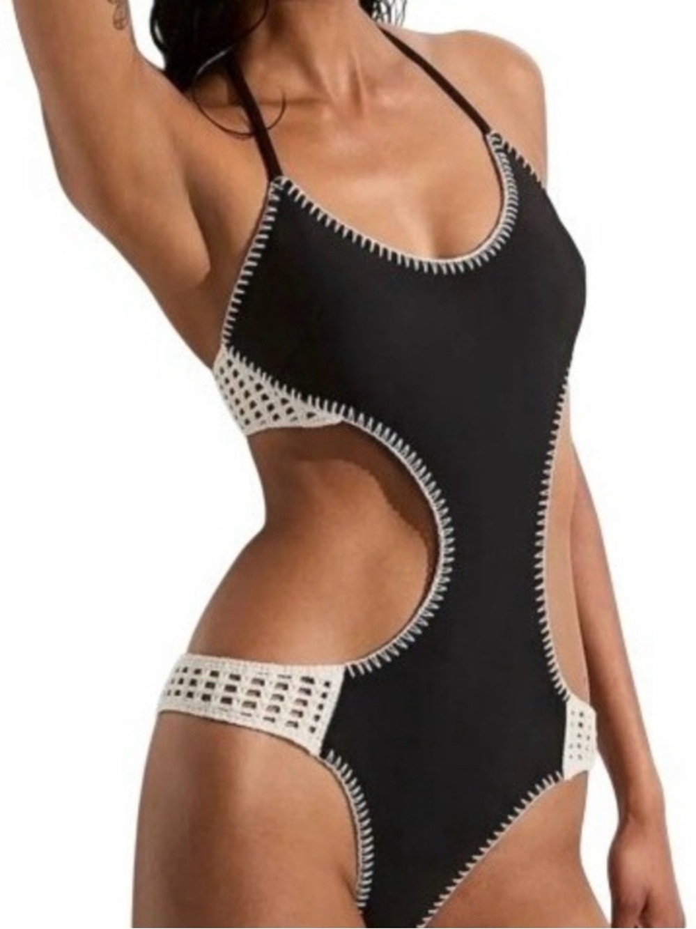 Victoria's Secret Black and Cream Crochet-Trim Kids One-Piece